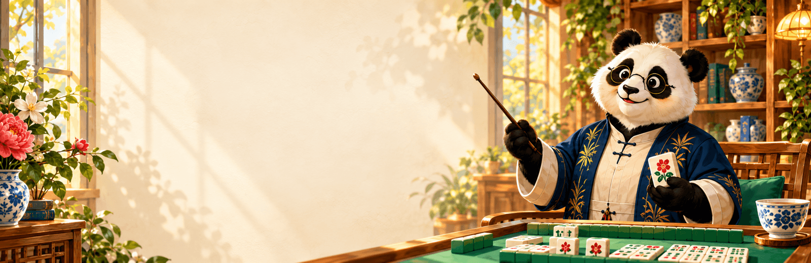 Panda Mahjong guide teaching in a warm American Mahjong room