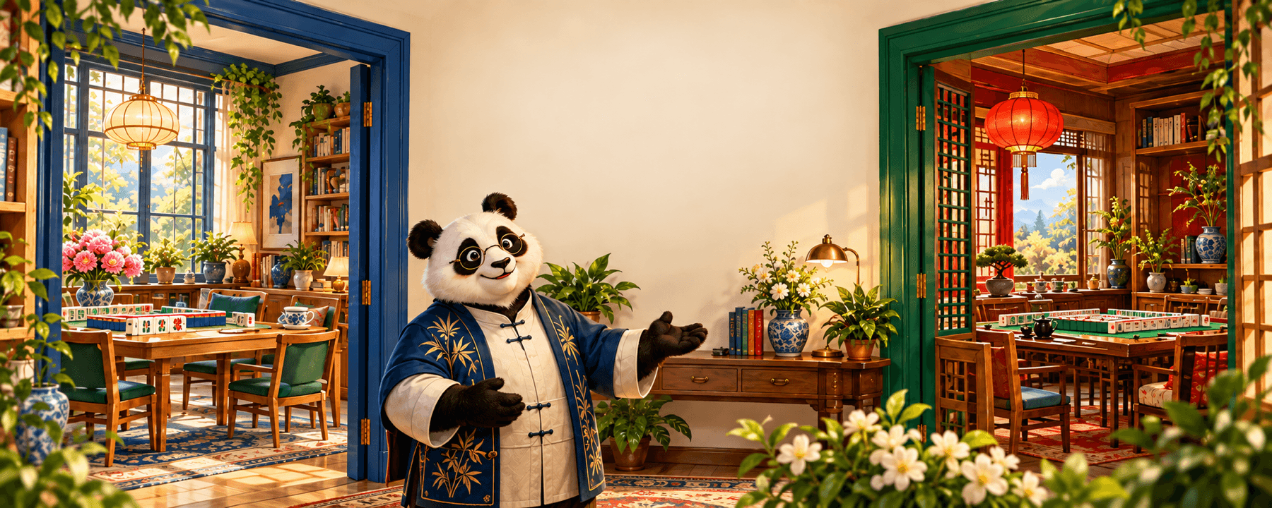 Illustrated Mahjong Day House with American and Hong Kong Mahjong learning rooms