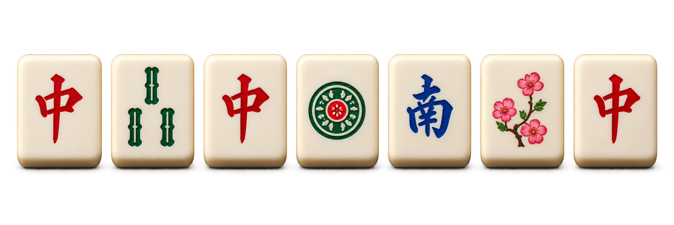 A row of Mahjong tiles including a Red Dragon, Bamboo, Circle, South Wind and Flower