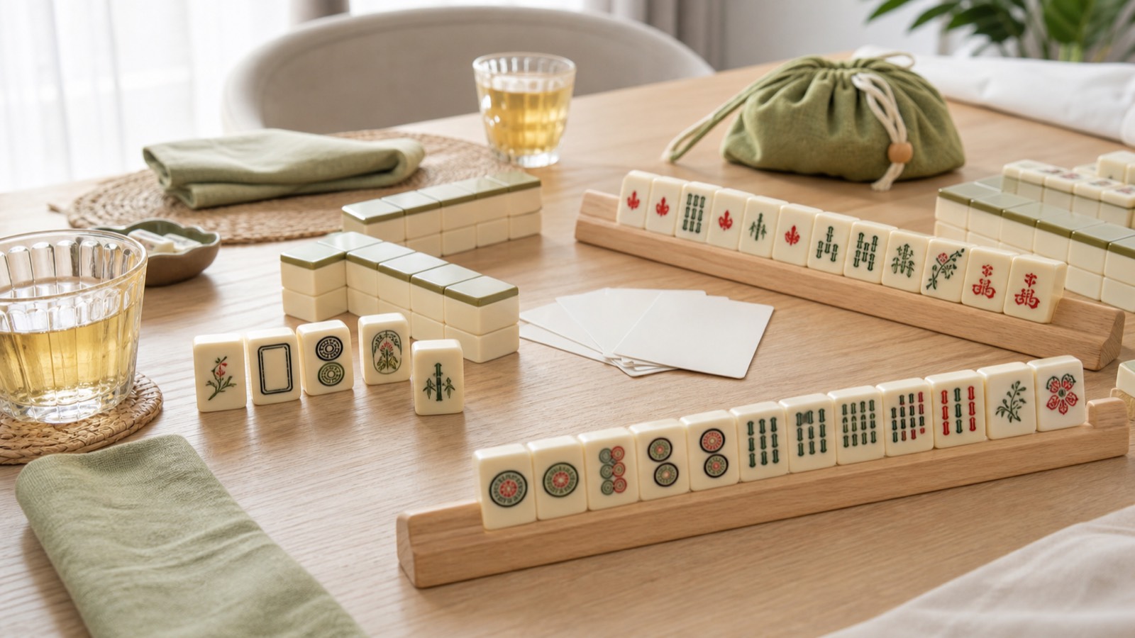 A beginner-friendly American mahjong table with racks, tiles, spare pieces, and tea in soft daylight