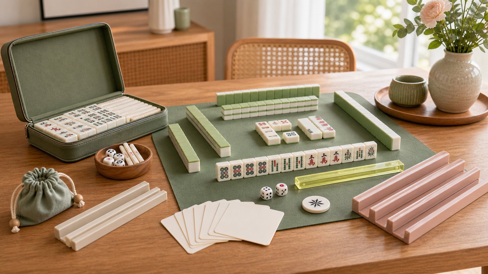 American mahjong accessories arranged with racks, pushers, dice, wind marker, and tiles on a bright home table