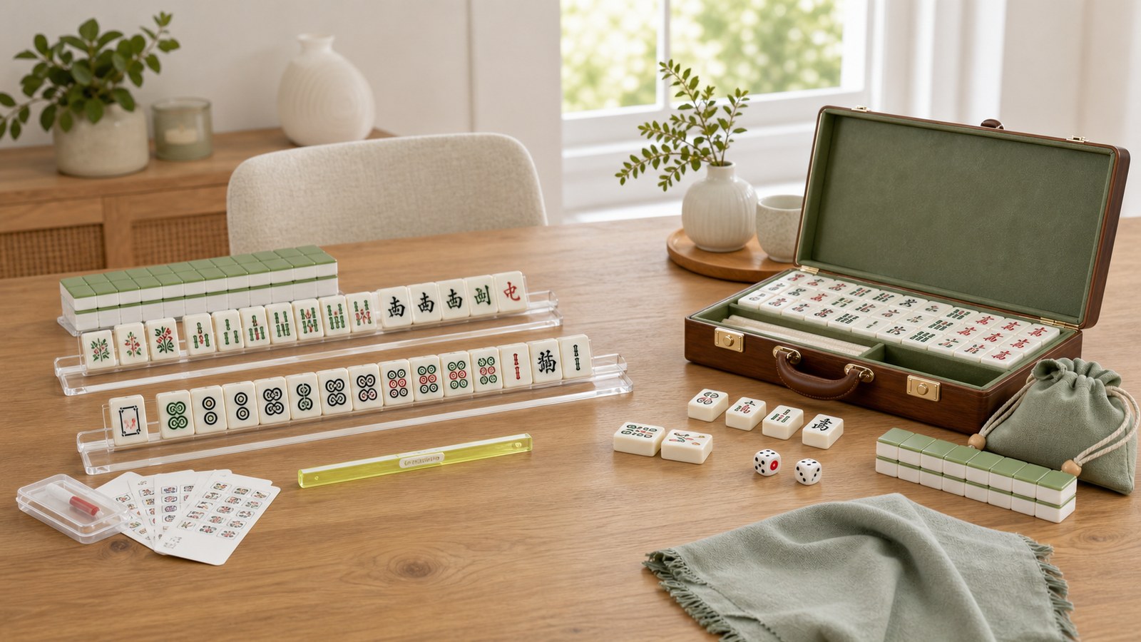 American and Chinese mahjong sets arranged side by side on a bright home table