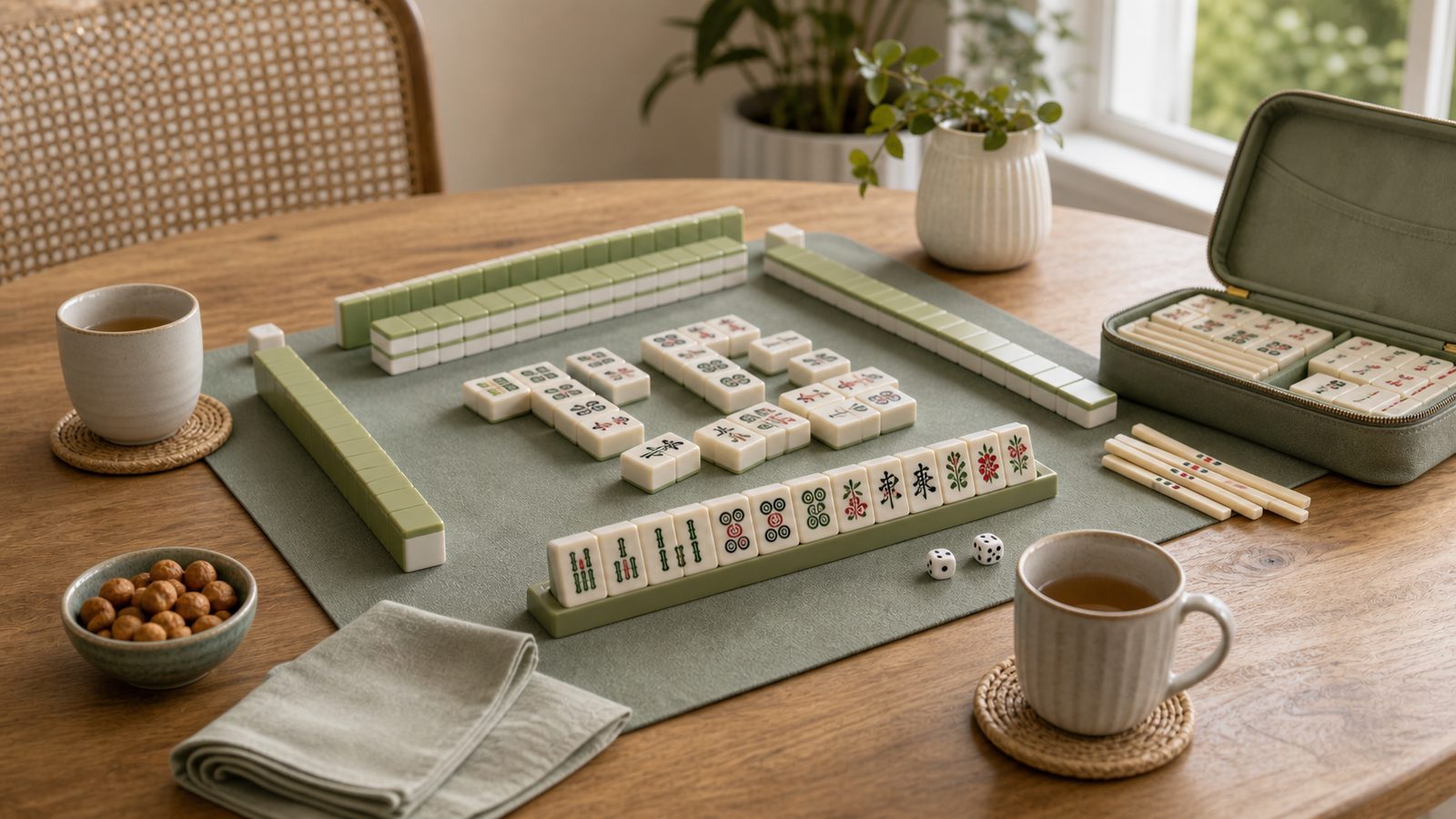 A relaxed Sunday mahjong table with tiles, tea cups, snacks, and a simple home setup