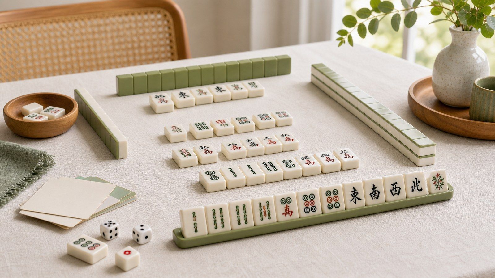 A calm beginner mahjong practice setup with tiles, dice, and blank note cards on a bright table