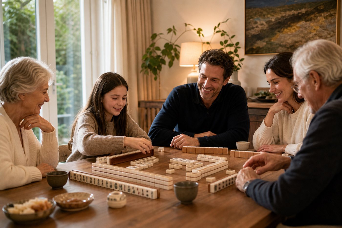 Family learning mahjong together at home