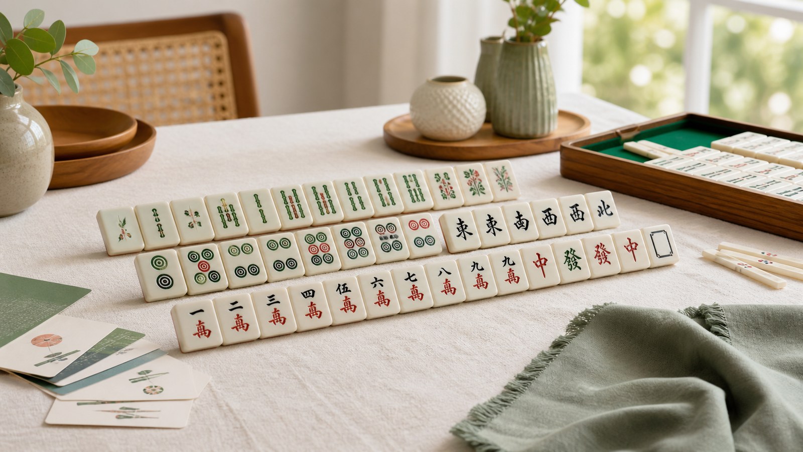 Beginner-friendly mahjong tile guide arranged on a bright home table