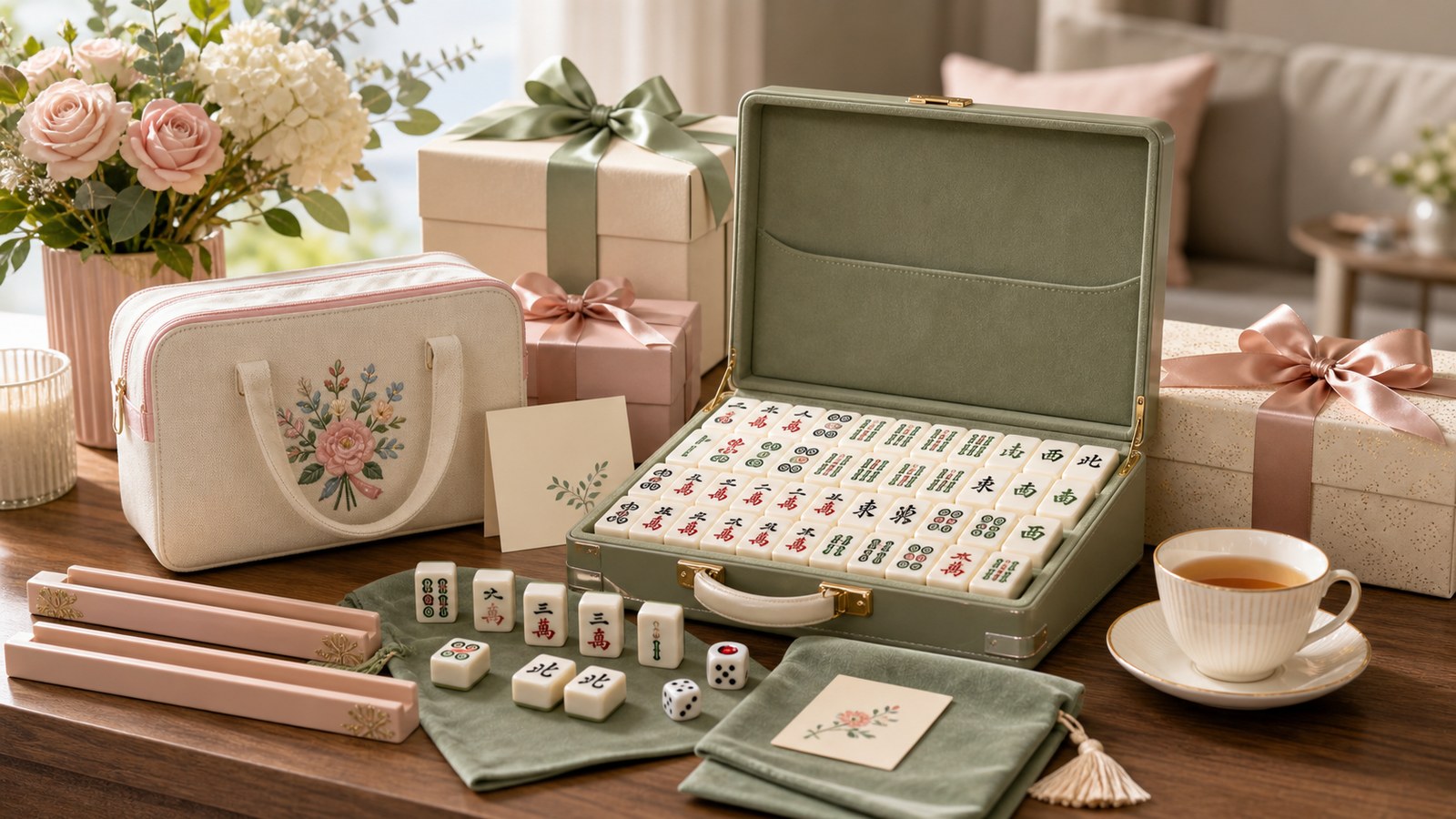 Elegant mahjong gift arrangement with a set, storage bag, ribbons, flowers, and tea