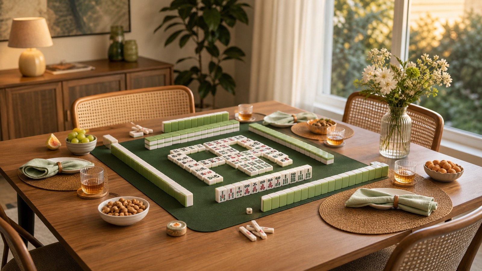 Stylish mahjong home game night table setup
