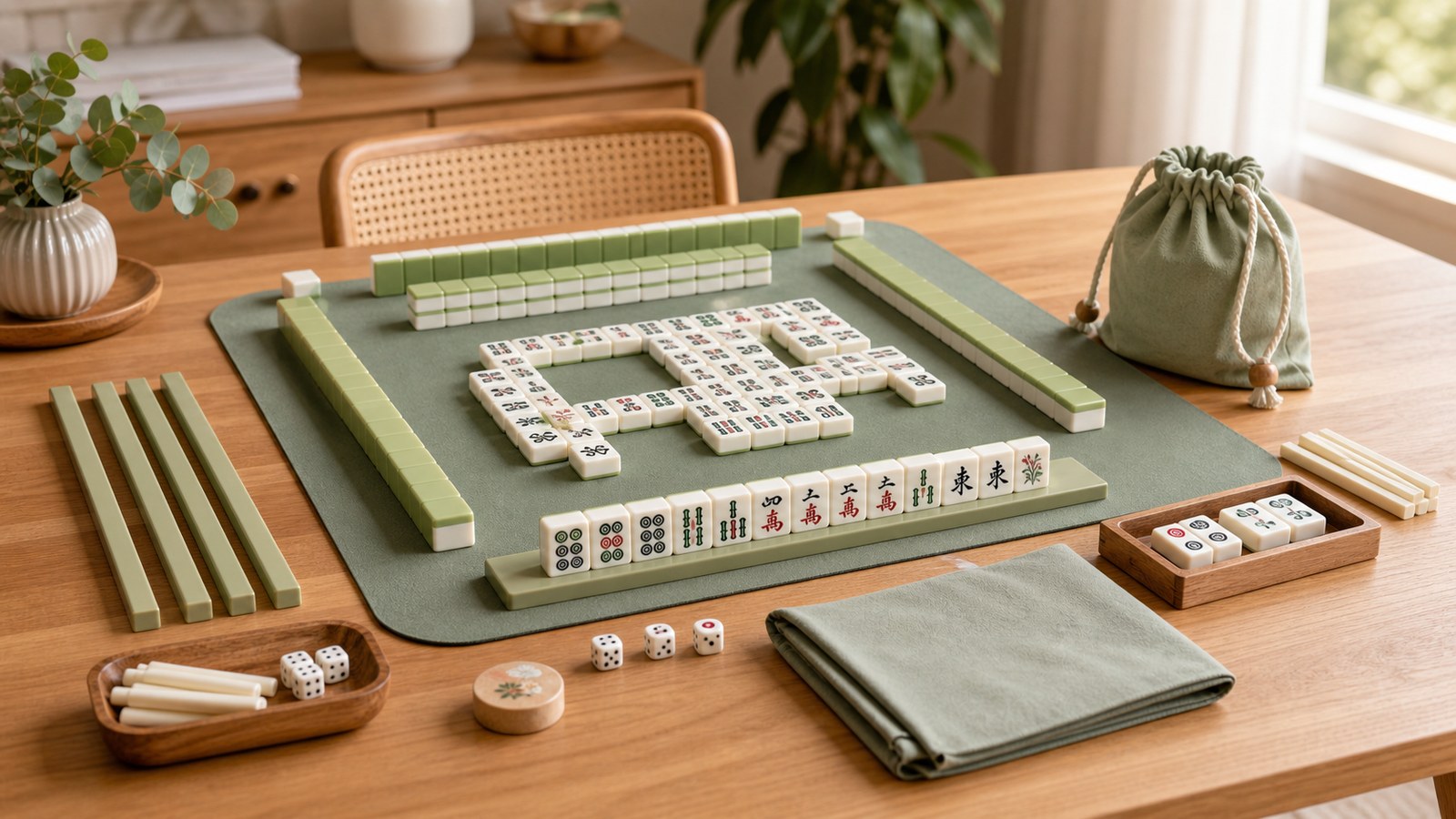 Organized mahjong table setup with mat, racks, dice, storage bag, and accessories
