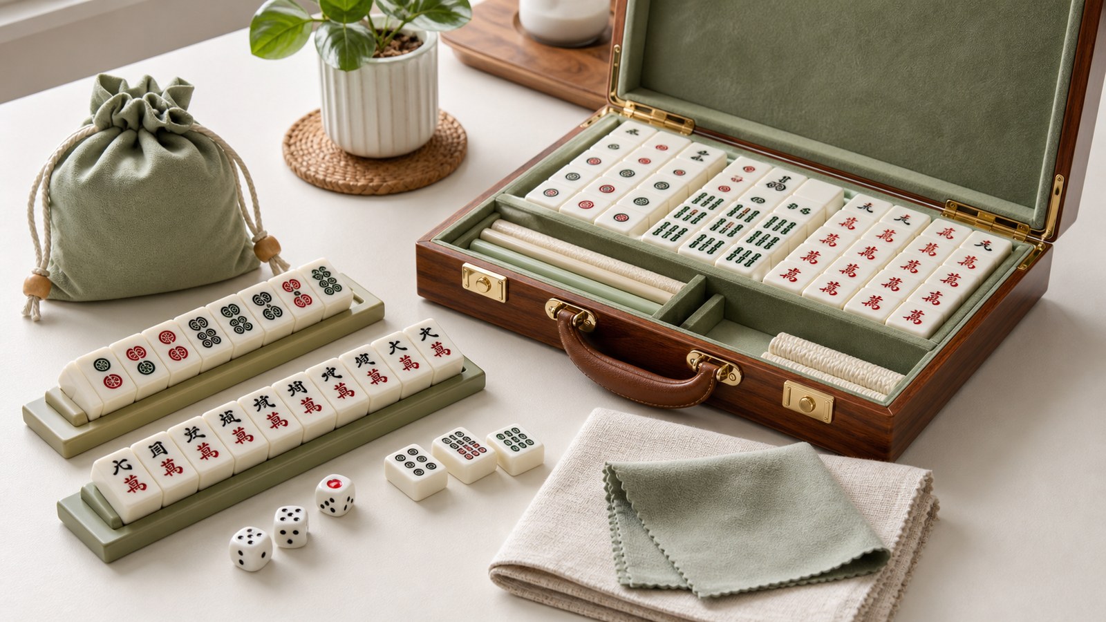 Mahjong tile care and storage setup with case and accessories