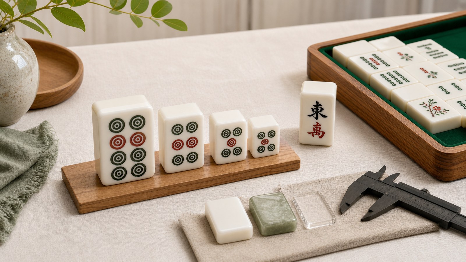 Mahjong tiles displayed in a clean size and material comparison on a neutral table