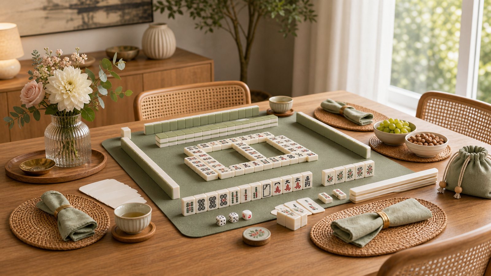 Elegant modern mahjong table setup with tiles, mat, flowers, tea cups, and linen accents