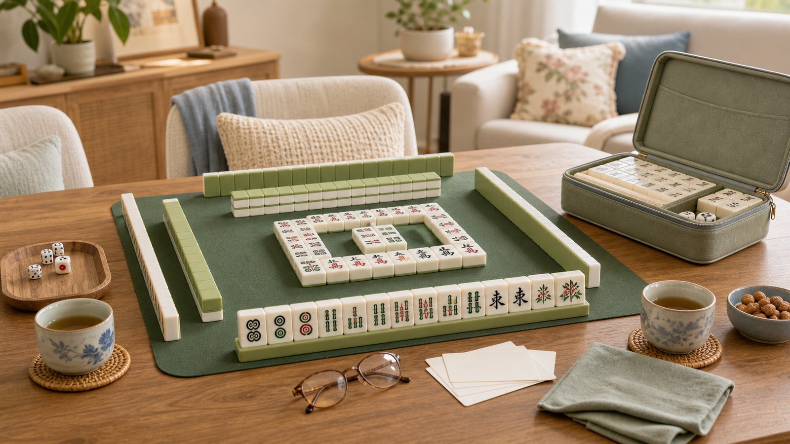 Senior-friendly mahjong table setup with large readable tiles, tea cups, glasses, and organized accessories