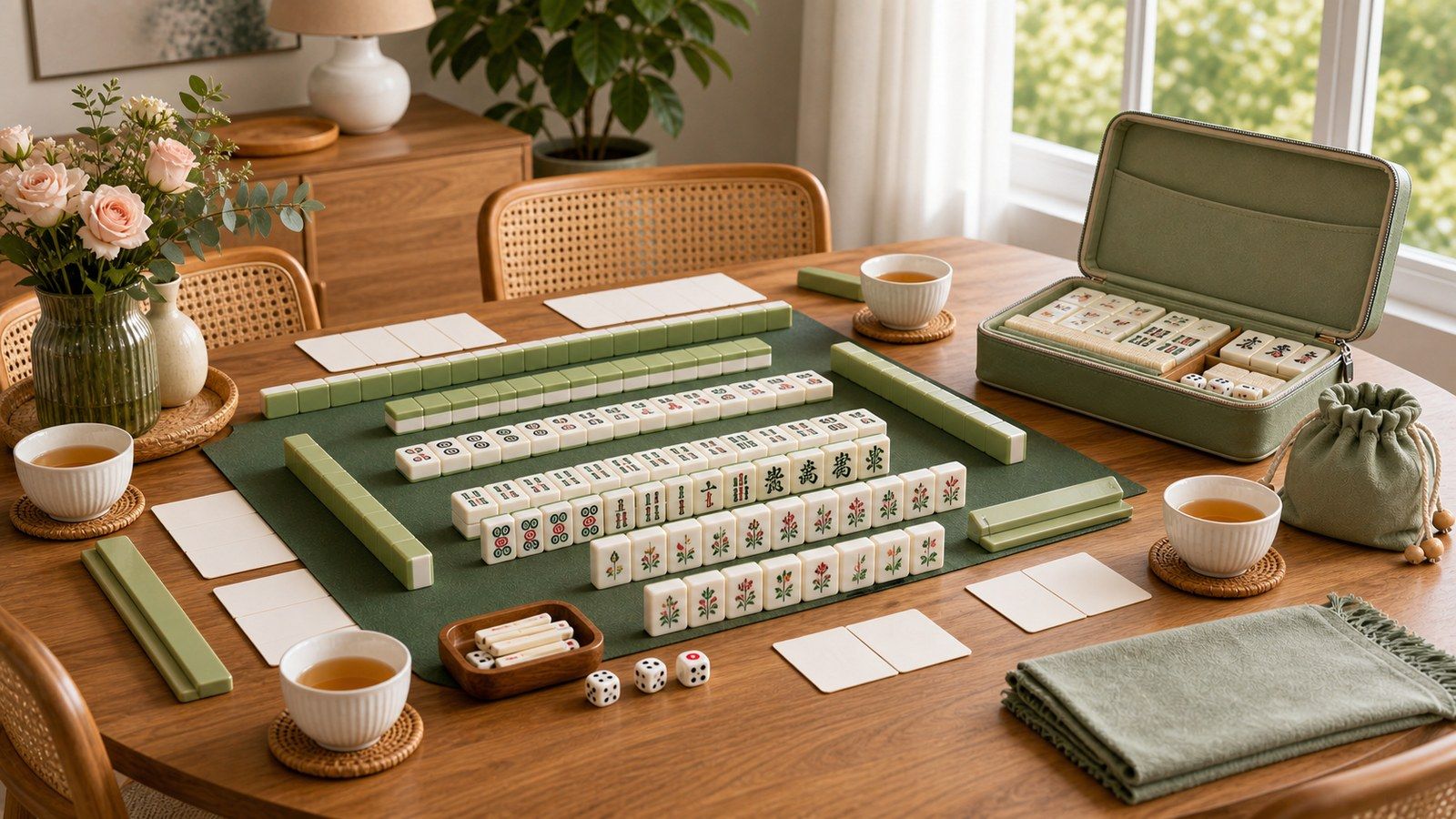 A welcoming mahjong teaching setup for friends and family with tiles and accessories on a warm dining table
