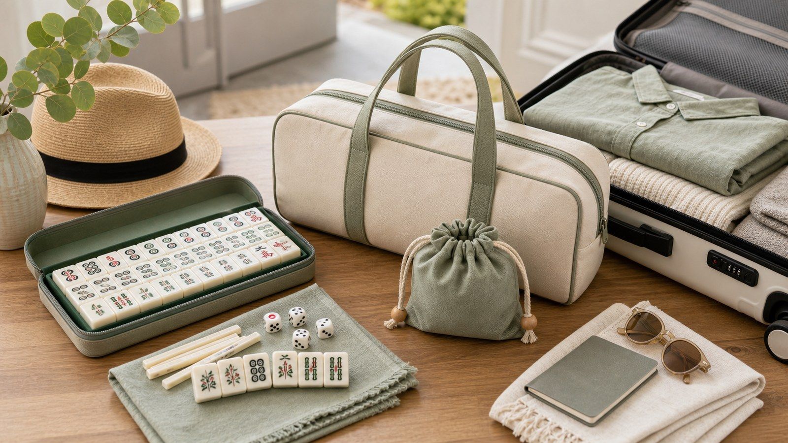 A compact mahjong set and storage bag packed neatly for weekend travel