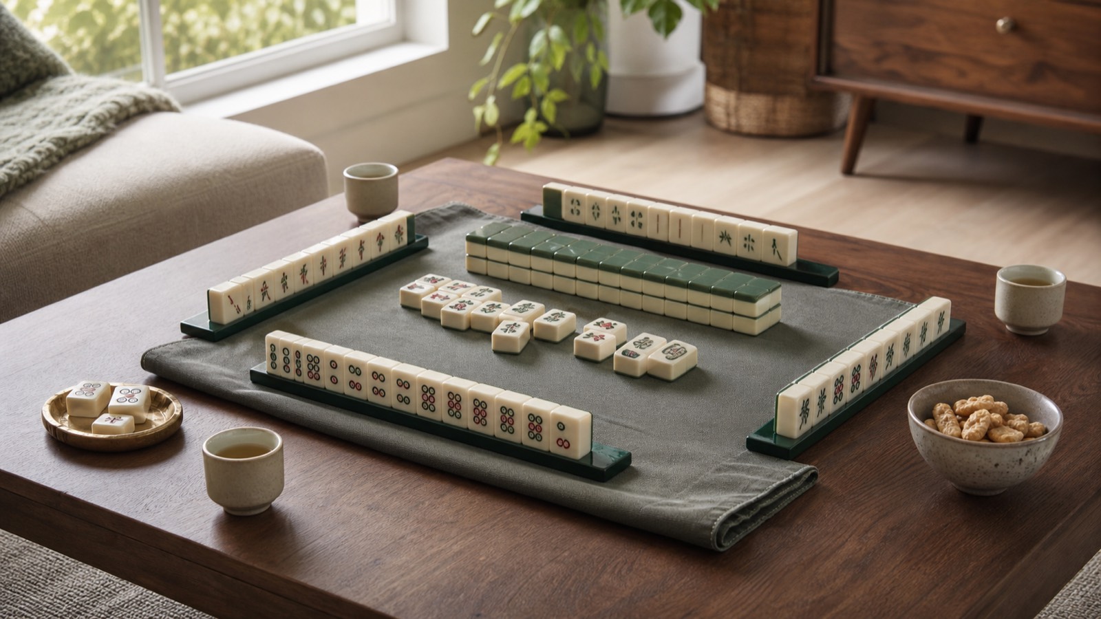 A refined coffee table mahjong setup with tiles, mat, tea, and snacks in a bright living room