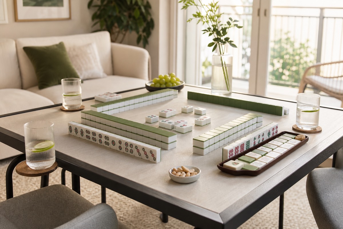 A compact apartment mahjong table with tiles, drinks, and simple snacks in natural window light